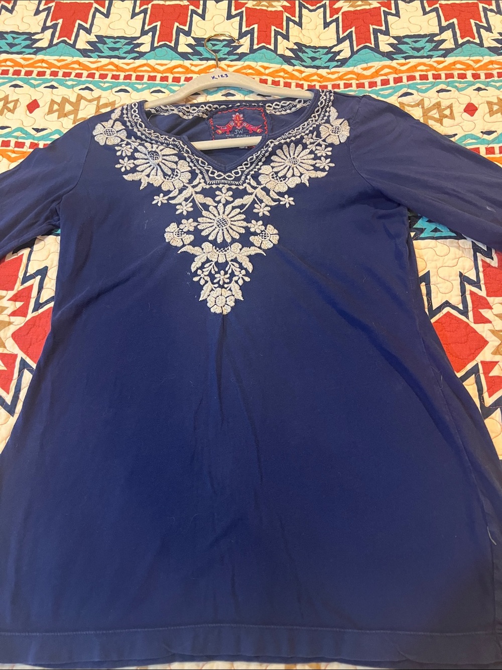 Johnny Was Navy Tunic with White Floral Embroidery